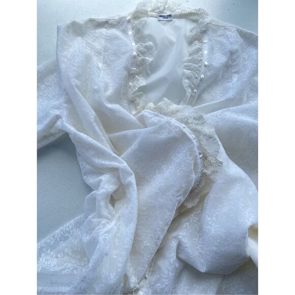 VTG Angela Gore London White Lace Long Dressing Gown Robe Sheer Ruffle 60s 70s - Picture 6 of 8